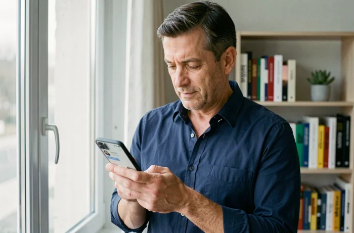 Homme consultant l'application La Poste pour commander des vêtements sur son téléphone