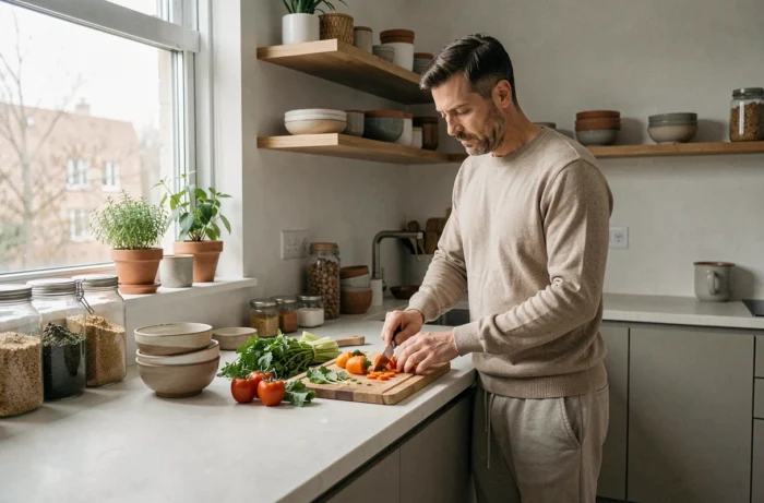 Homme préparant un repas végétalien sain dans une cuisine minimaliste et éco-responsable