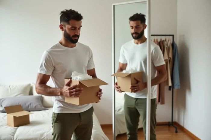 Homme essayant un vêtement reçu en livraison de commande en ligne devant un miroir