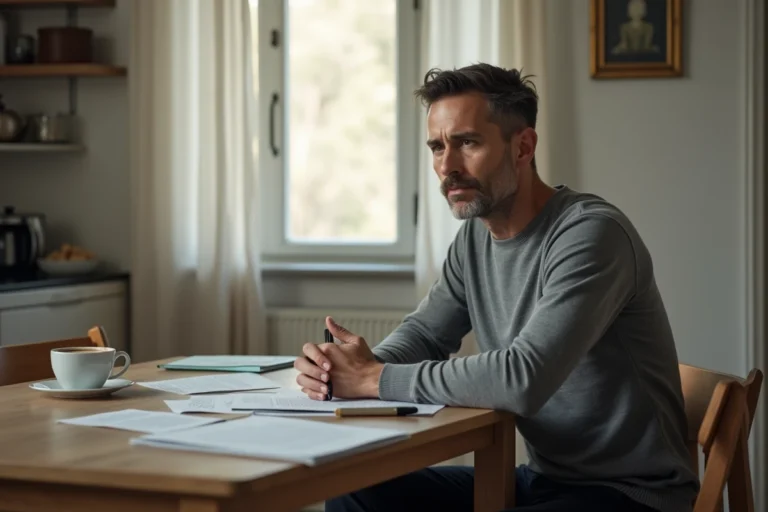 Homme adulte assis seul face à des documents juridiques dans un appartement français, exprimant la distance émotionnelle vis-à-vis de sa famille
