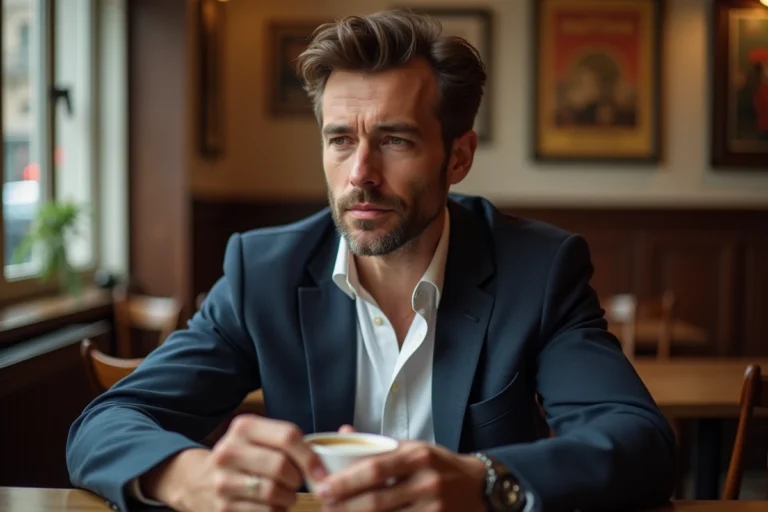 Homme élégant attablé dans un café parisien, ambiance intimiste évoquant la vie privée et le quotidien discret
