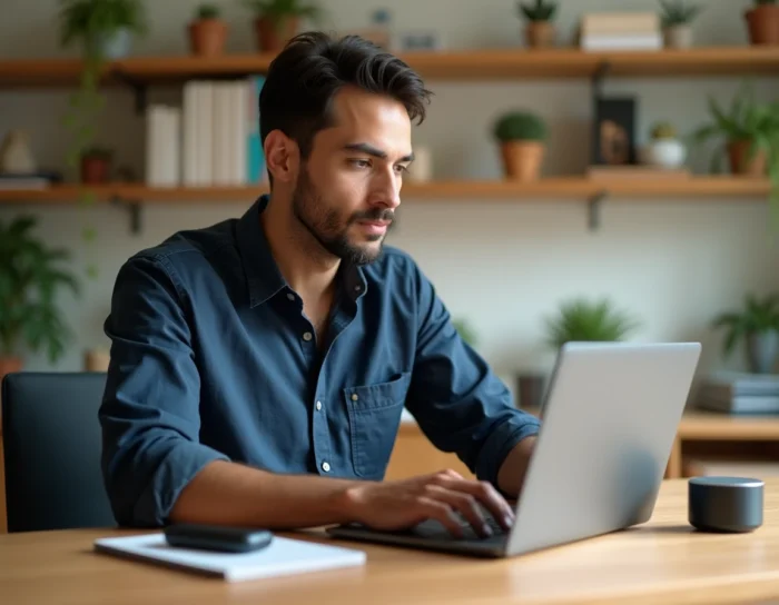 Homme en home office entouré de gadgets technologiques innovants dont un smartphone pliable et une enceinte IA, tendances tech de l'année