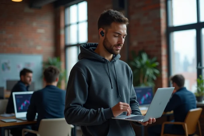 Homme consultant des tableaux de bord IA sur ordinateur portable dans un espace de coworking urbain