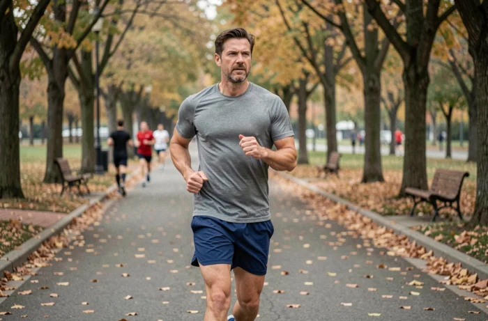 Homme faisant du jogging dans un parc en automne dans le cadre d'un programme de remise en forme pour maigrir sainement