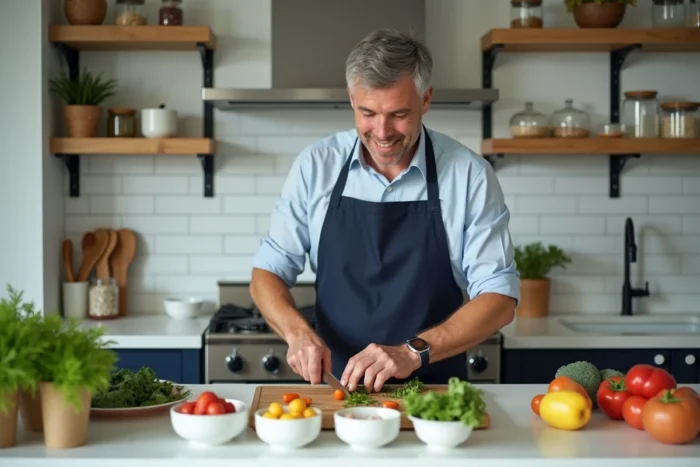 Homme préparant ses repas de la semaine dans une cuisine moderne organisée pour gagner du temps au quotidien