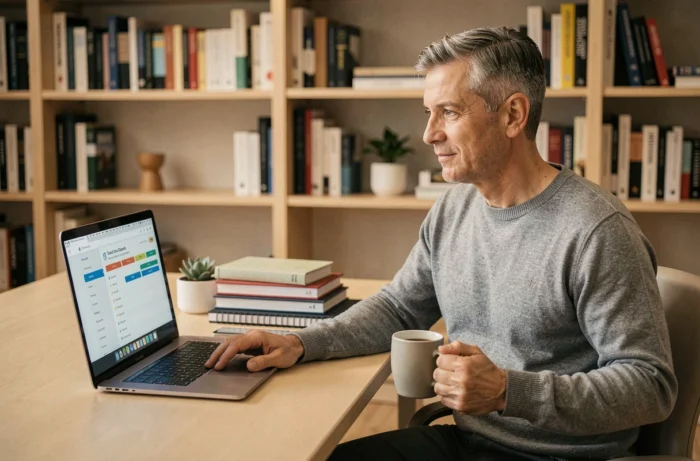 Homme travaillant sur l'optimisation de la vitesse d'un site web depuis son bureau à domicile avec un ordinateur portable