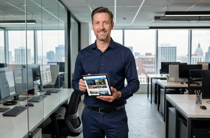 Homme en bureau moderne consultant une plateforme d'information numérique sur tablette