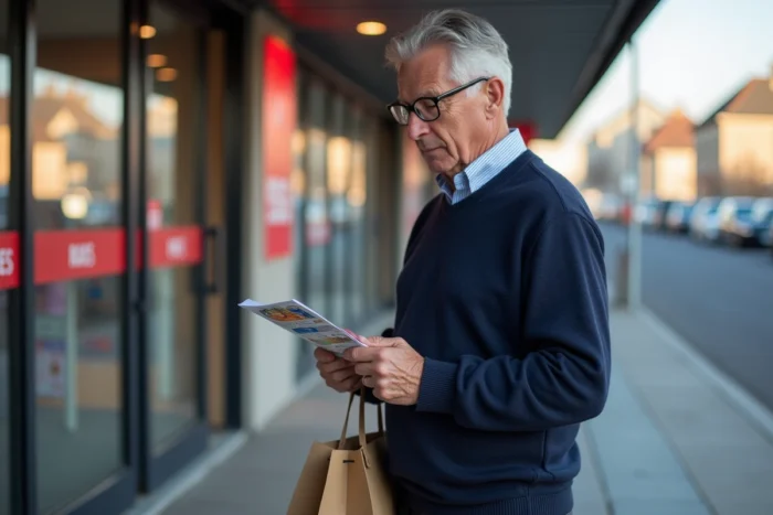 Homme portant un pull Armor Lux devant l'entrée d'un magasin Intermarché