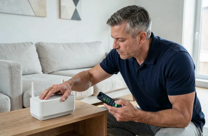 Homme vérifiant la vitesse de sa connexion wifi 15 Mbps avec un smartphone près du routeur