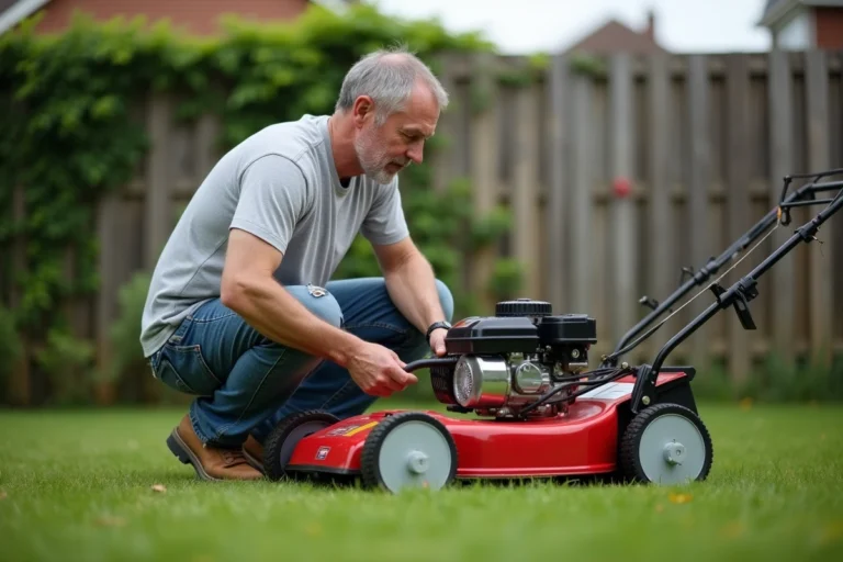 Homme lisant les spécifications moteur en cm3 sur une tondeuse à gazon rouge dans un jardin de banlieue