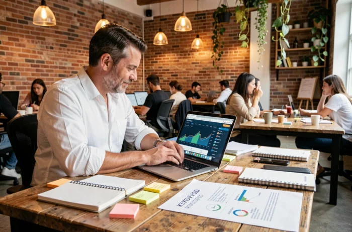 Un homme travaillant sur une stratégie de référencement naturel avec des notes et un tableau de bord de trafic web dans un espace de coworking