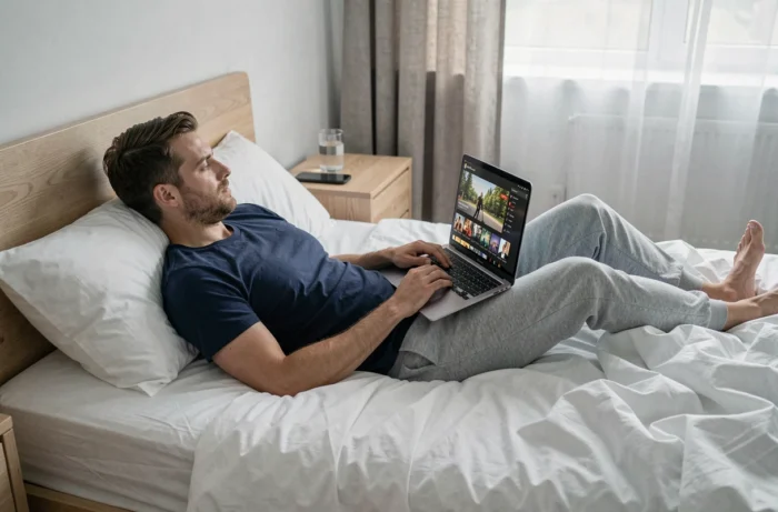 Homme regardant une plateforme de streaming gratuite sur son ordinateur portable dans sa chambre