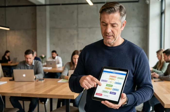 Homme expliquant la navigation d'un plan de site web sur une tablette dans un espace de coworking