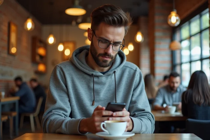 Jeune homme vérifiant des informations sur son smartphone dans un café pour naviguer prudemment face aux leaks Pinkgeek