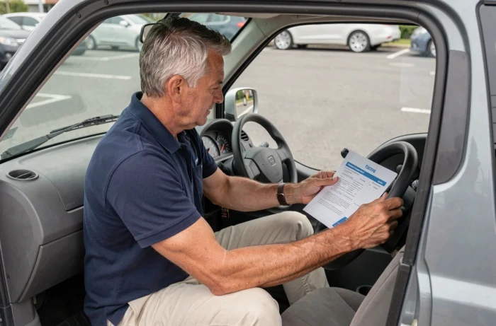 Homme assis au volant d'une voiture sans permis consultant un guide pratique à l'intérieur du véhicule