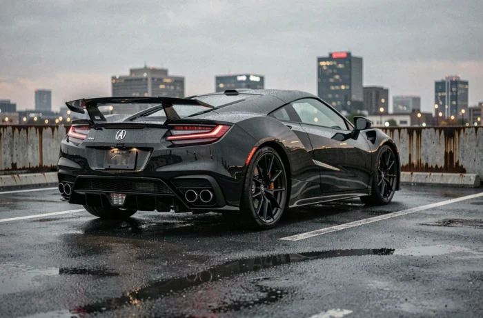 Honda NSX deuxième génération 2017 noire sur un toit de parking urbain mouillé au crépuscule, soulignant sa carrosserie hybride complexe et son diffuseur arrière agressif