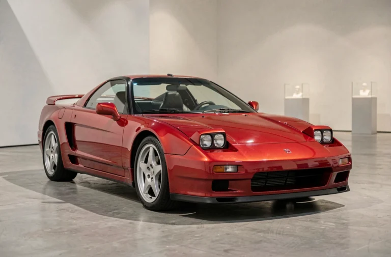 Honda NSX première génération 1991 rouge en vue trois quarts avant dans un musée automobile minimaliste, mettant en valeur ses phares escamotables et sa carrosserie en aluminium emblématique