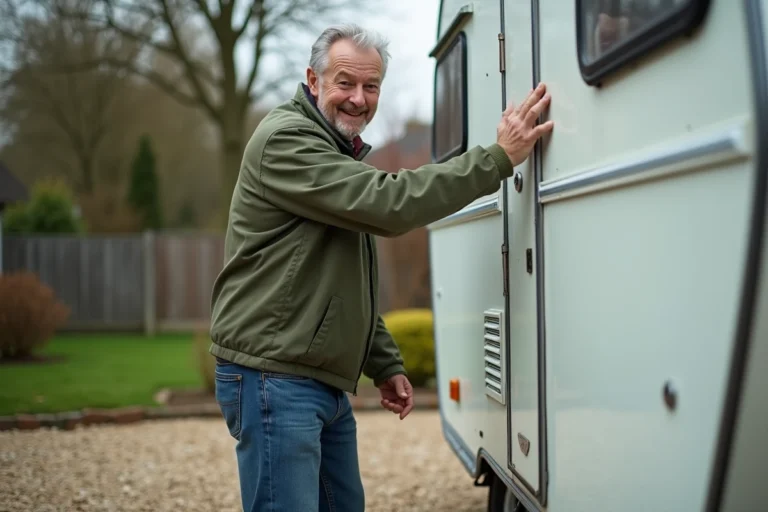 Homme inspectant l'extérieur d'une caravane d'occasion lors d'une vente entre particuliers dans une allée résidentielle