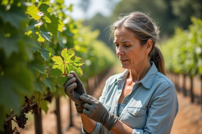 Jardinière inspectant des feuilles de vigne atteintes d'oïdium dans un jardin domestique