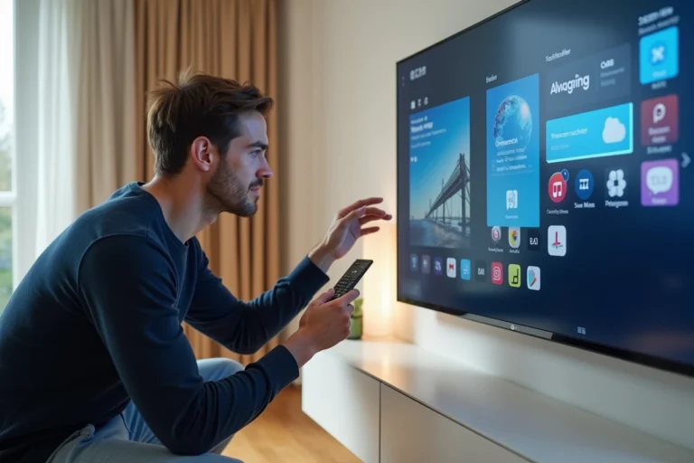 Homme installant une application sur une TV LG WebOS avec la télécommande Magic Remote dans un salon moderne