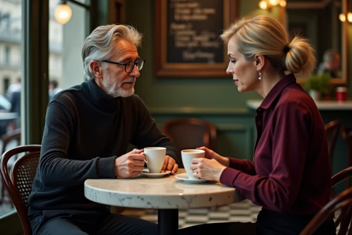 Intellectuel aux cheveux argentés et femme élégante partageant un café dans un bistrot parisien traditionnel, reflet de la vie intime d'une personnalité