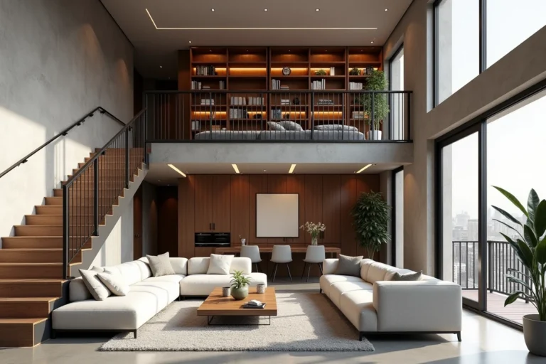 Intérieur d'un appartement en duplex moderne avec salon ouvert et mezzanine reliée par un escalier en bois flottant