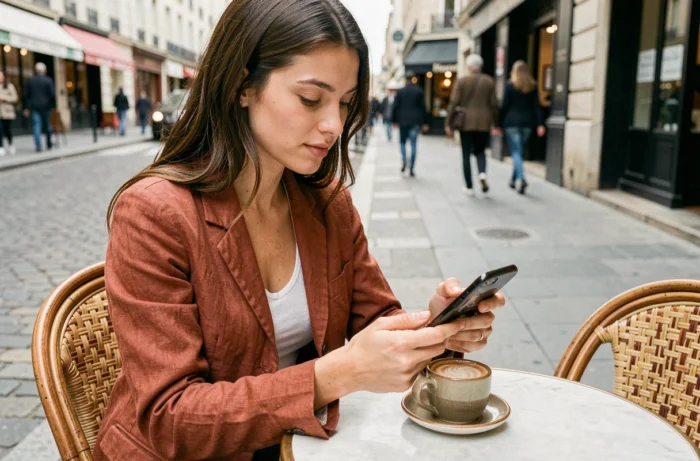 Jeune femme parcourant le site MaxiScoop sur smartphone dans un café parisien en terrasse