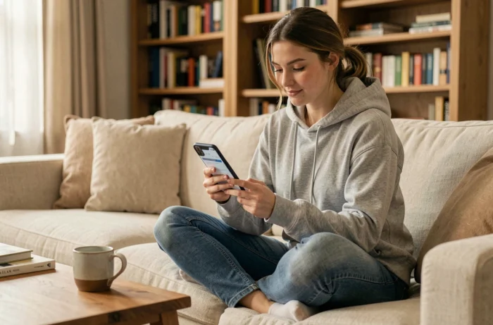 Jeune femme naviguant sur un plan de site web depuis son smartphone dans un salon confortable