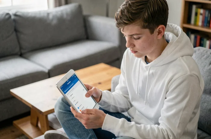 Jeune homme consultant les paramètres de microphone sur une tablette pour réactiver la recherche vocale