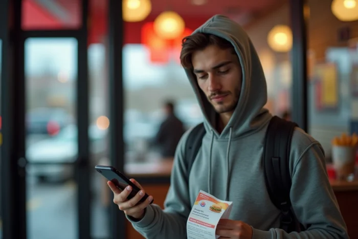 Jeune adulte utilisant son smartphone pour répondre à un sondage Burger King avec son ticket de caisse à la main à la sortie du restaurant