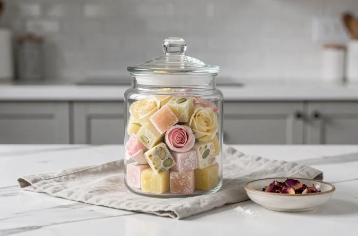 Bocal en verre hermétique contenant des loukoums assortis posé sur un plan de travail en marbre blanc avec du sucre glace et des pétales de rose séchés