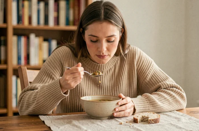 Femme mangeant lentement un repas avec la cuillère posée sur la table entre chaque bouchée, illustrant la pleine conscience alimentaire