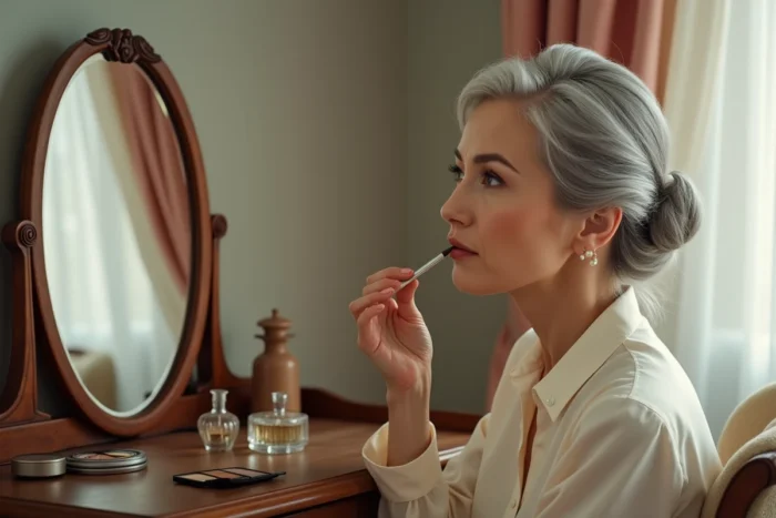 Femme élégante de 60 ans appliquant un rouge à lèvres naturel devant un miroir en bois vintage, maquillage discret et raffiné