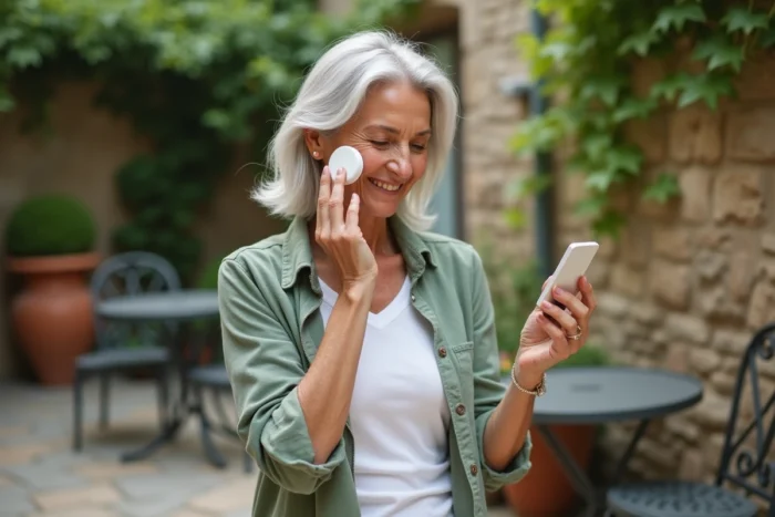 Femme mature aux cheveux argentés se poudrant le visage en plein air sur une terrasse méditerranéenne, maquillage naturel et lumineux après 60 ans