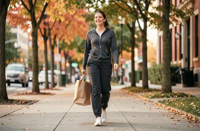 Femme marchant tranquillement sur un trottoir bordé d'arbres, illustrant l'habitude de marcher trente minutes par jour