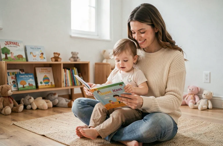 Mère et fillette partageant un moment de lecture ensemble dans un salon familial chaleureux