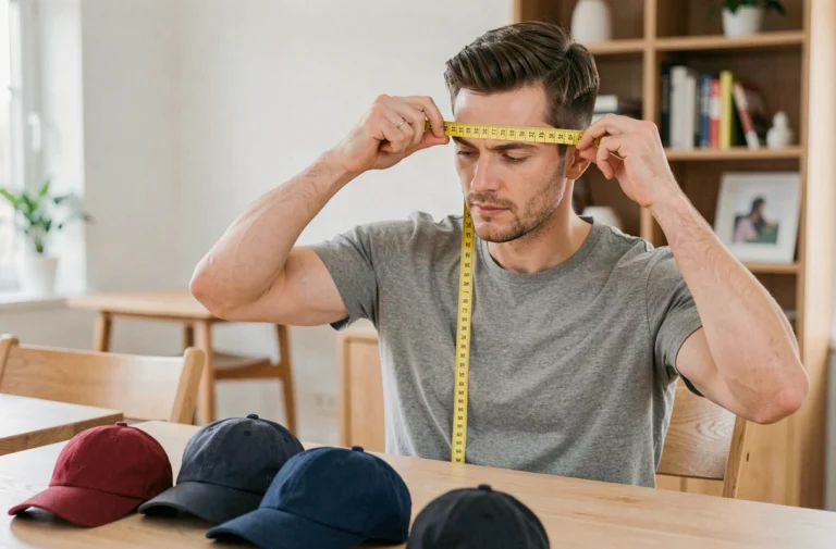 Homme mesurant le tour de tête avec un mètre ruban souple pour choisir la bonne taille de casquette