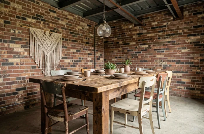 Table en bois massif recyclé à grains apparents et chaises upcyclées dans une salle à manger de style industriel