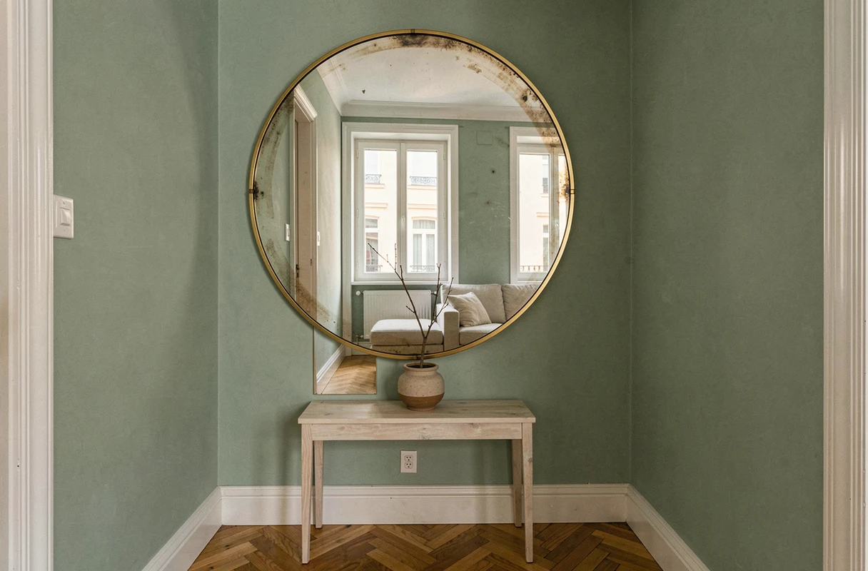 Grand miroir rond à cadre laiton installé stratégiquement pour agrandir visuellement un couloir étroit