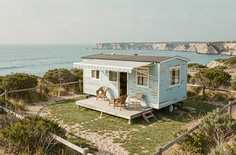 Mobil-home en bord de mer avec terrasse en bois et vue sur l'océan, sur un terrain délimité par une clôture en bois