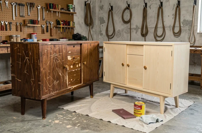 Buffet vintage en cours de restauration avec une face usée et l'autre traitée à la cire d'abeille dans un atelier artisanal