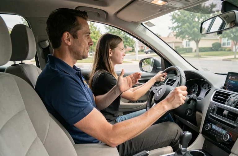 Moniteur d'auto-école assis côté passager guidant une élève conductrice dans une voiture à double commande