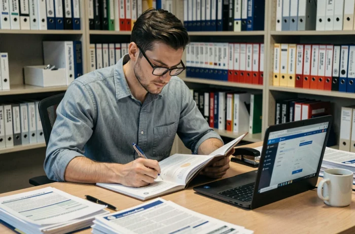 Futur moniteur d'auto-école préparant ses cours et révisant sa formation dans un bureau d'école de conduite
