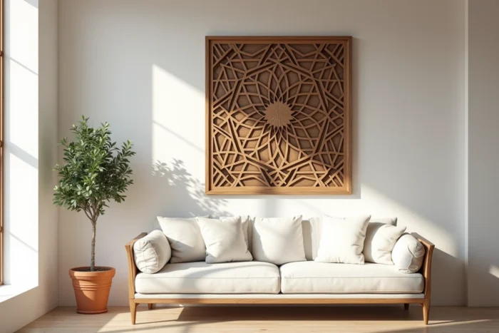 Moucharabieh en bois noyer installé comme cloison décorative dans un salon contemporain avec motifs géométriques