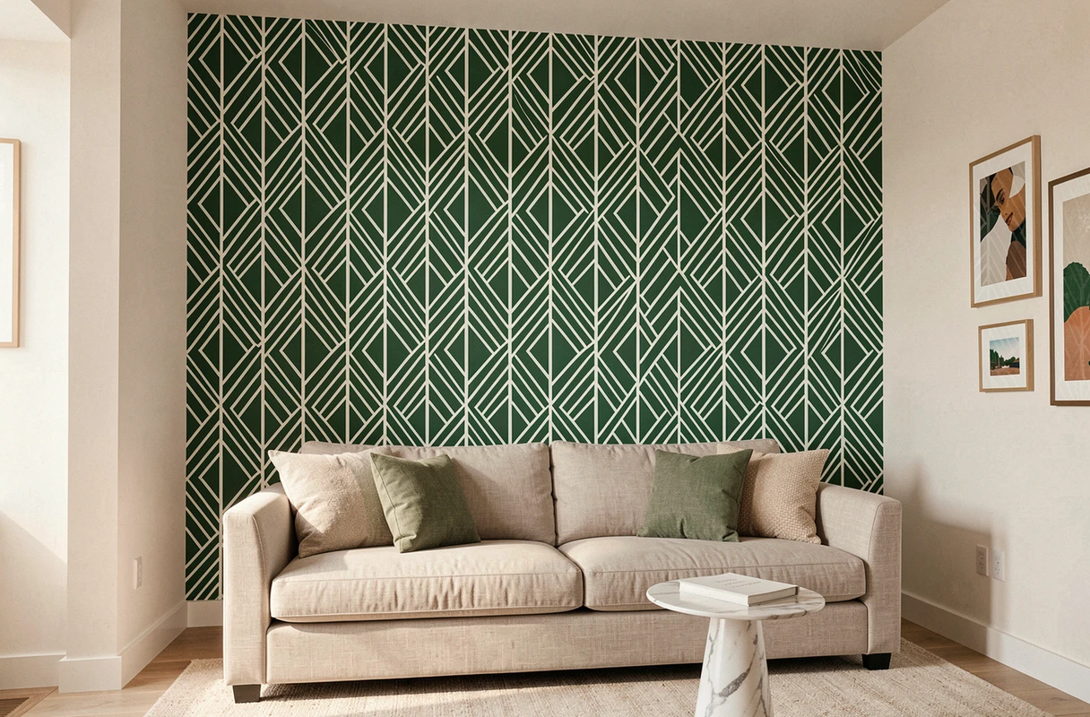 Mur d'accent en papier peint graphique vert géométrique dans un salon contemporain