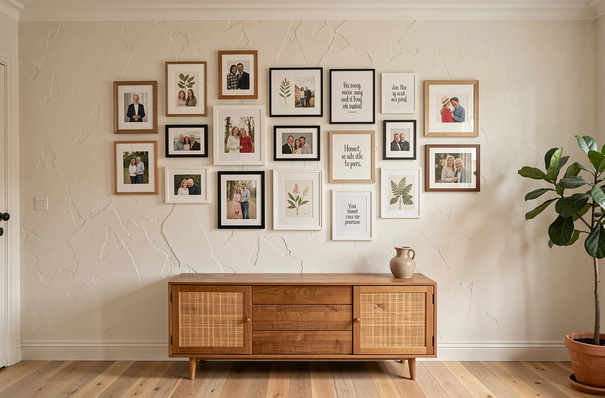 Mur de cadres composé d'objets existants aux cadres dépareillés bois et métal dans un salon cosy