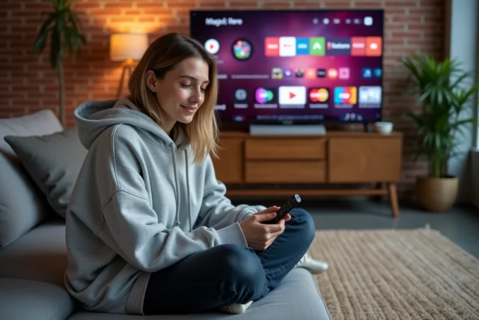 Femme naviguant sur le Play Store d'une smart TV LG WebOS depuis son canapé dans un appartement moderne