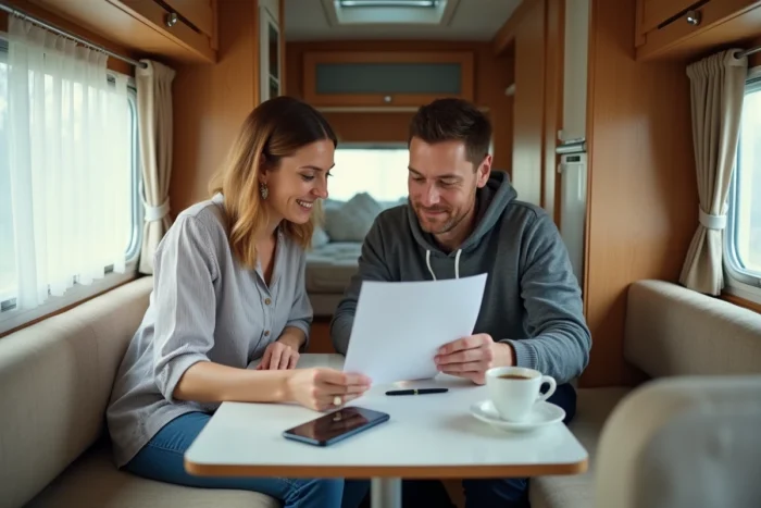 Couple négociant le prix d'une caravane d'occasion à l'intérieur du véhicule lors d'un achat entre particuliers