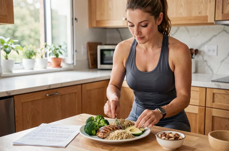 Femme sportive préparant un repas équilibré pour optimiser ses performances sportives avec protéines et légumes frais