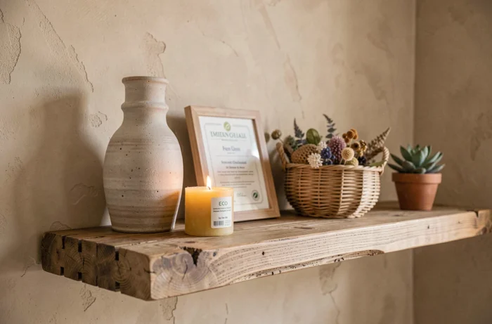 Étagère avec objets déco écoresponsables authentiques : vases en grès, bougies en cire d'abeille et panier en jonc de mer